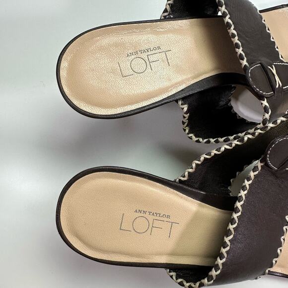 Ann Taylor Loft Women's 8M 8 Brown Leather & Stitching Slip On Heeled Sandals - Picture 4 of 8